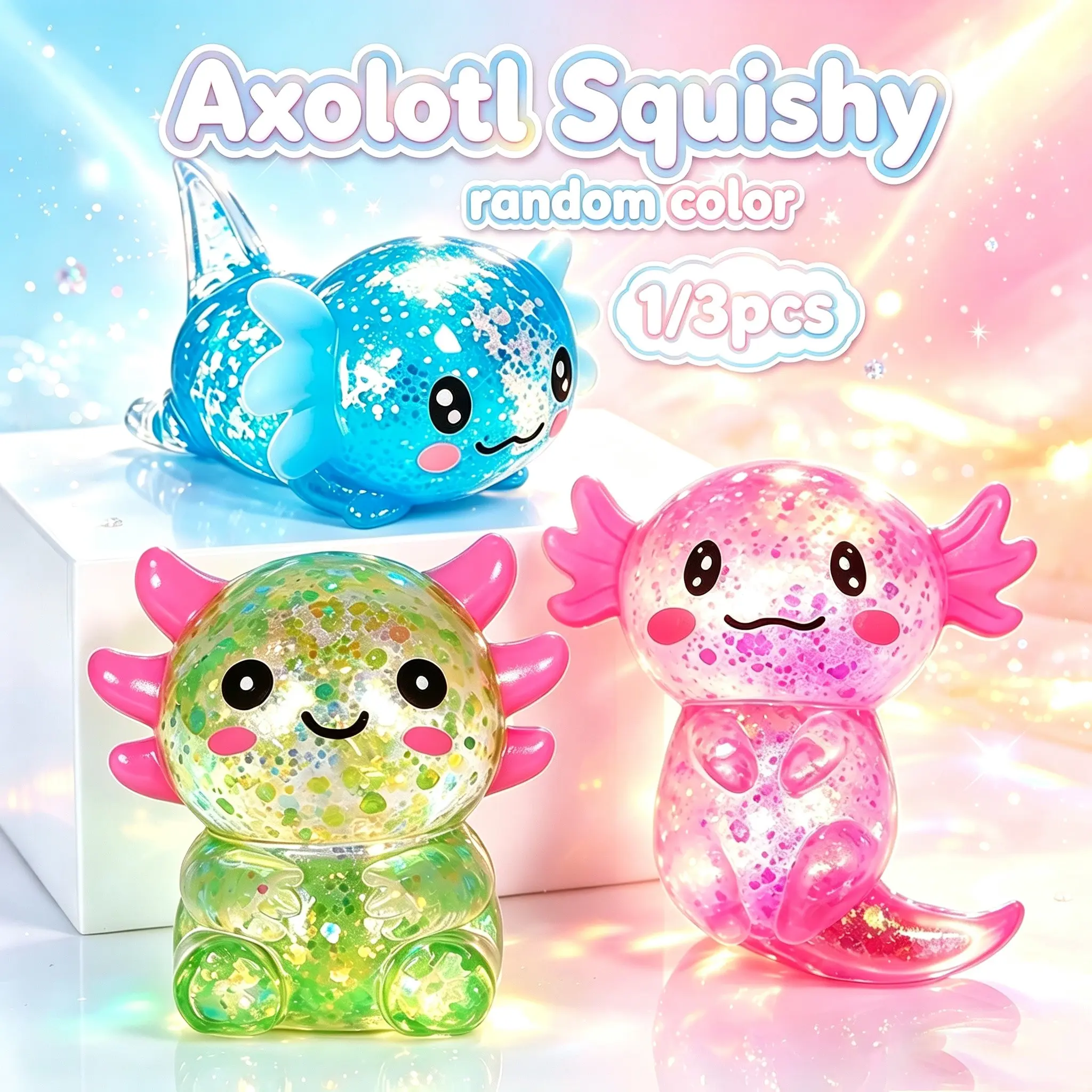 Glitter Transparent Axolotl Squishy Toy Set, Cute Kawaii Salamander Squeeze Fidget Toys in Assorted Poses, Soft TPR Sensory Stress Relief Toy, Random Color, Kids Birthday Gift, Classroom Reward & Desktop Decor, Tpr Kawaii Squishies