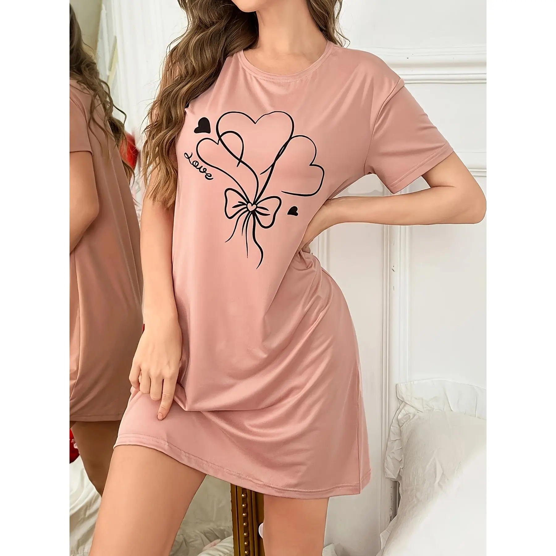 Women's Short-Sleeve Loungewear Nightwear - Heart Balloon Cartoon Print Nightgown, Lady's Moo Moo Nightdress