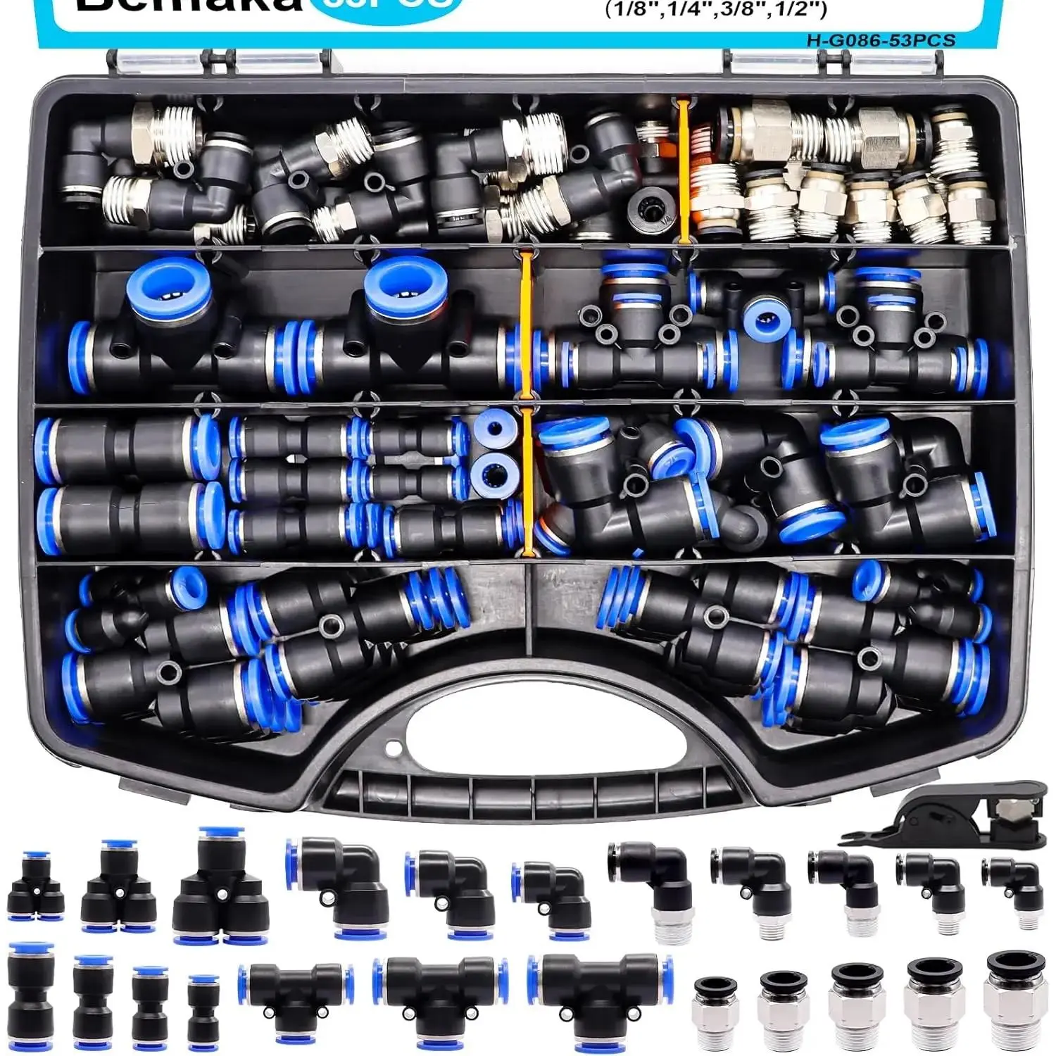 count Air Hose Fittings Kit, Push To Connect Fitting 1/8" 1/4" 3/8" 1/2" Air Line Quick Connect Fittings with Thread, Quick Release Pneumatic Fitting Connectors Kit