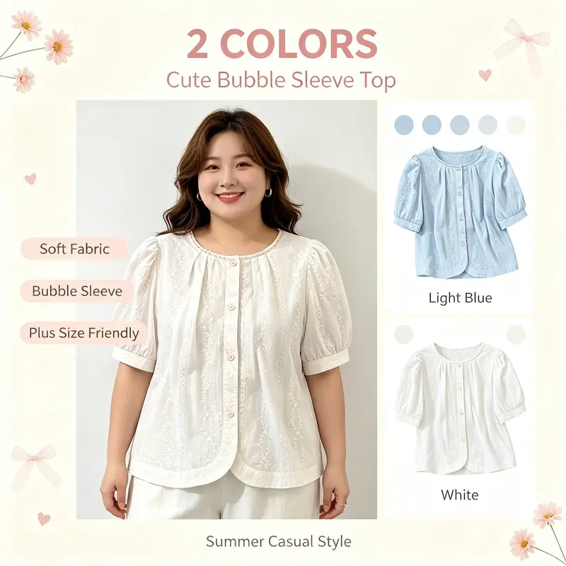 Women's Korean Elegant Floral Embroidery Puff Short-Sleeve Solid Round-Neck Button-Down Lightweight Loose-Fit Basic Blouse - Summer Casual Slimming Top for Plus-Size Ladies, Pair with Wide-Leg Skirts for Outdoor Wear