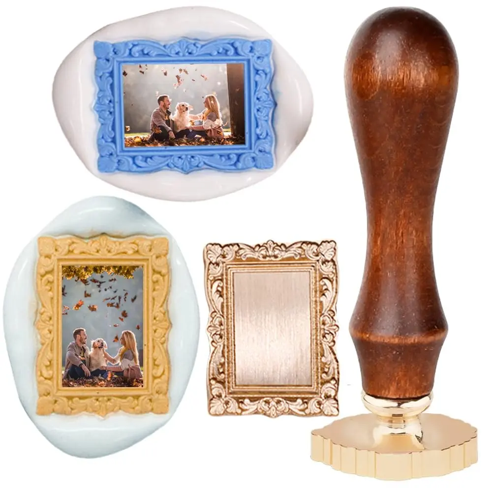 Frame Wax Seal Stamp 3D Embossed with Rosewood Handle Vintage Floral Photo Frame Wax Stamp Ideal for Wedding Invites Gift Wrapping Envelopes & Christmas Cards Decor