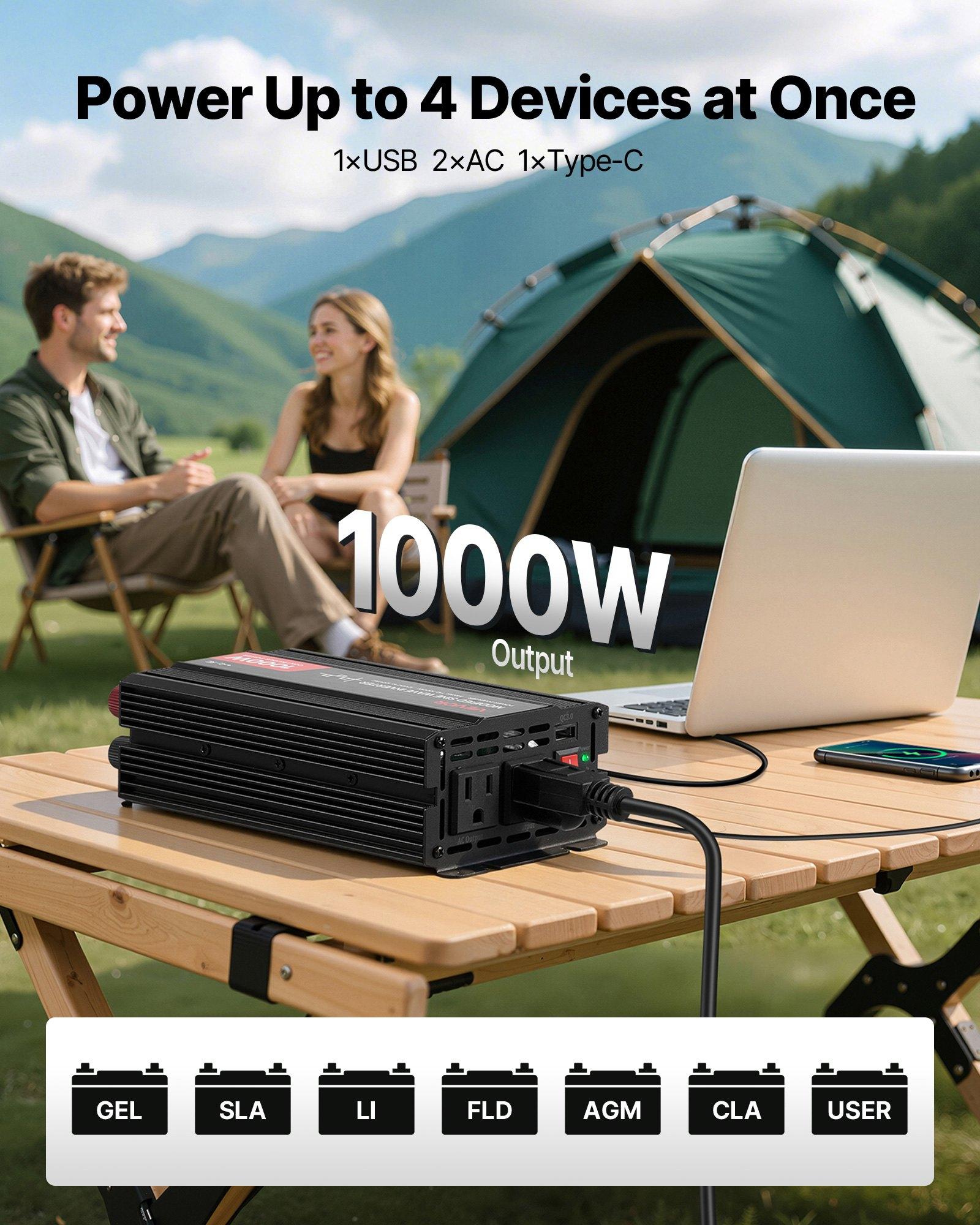 VEVOR 1000W Power Inverter, 12V DC to 120V AC Modified Sine Wave Inverter, Car Charger Converter with USB & Type-C Port, 2 AC Outlets, LED Indicator Light, Ideal for RV, Truck Outdoor Camping VEVOR 1000W Power Inverter, 12V DC to 120V AC Modified Sine Wave Inverter, Car Charger Converter with USB & Type-C Port, 2 AC Outlets, LED Indicator Light, Ideal for RV, Truck Outdoor Camping