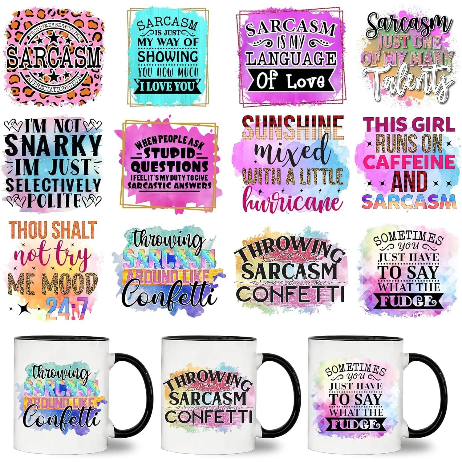 12 count Funny Sayings UV DTF Stickers | Durable no-heat cold UV DTF cup wrap for ceramic mugs and coffee cups.for DIY crafts and drinkware decoration