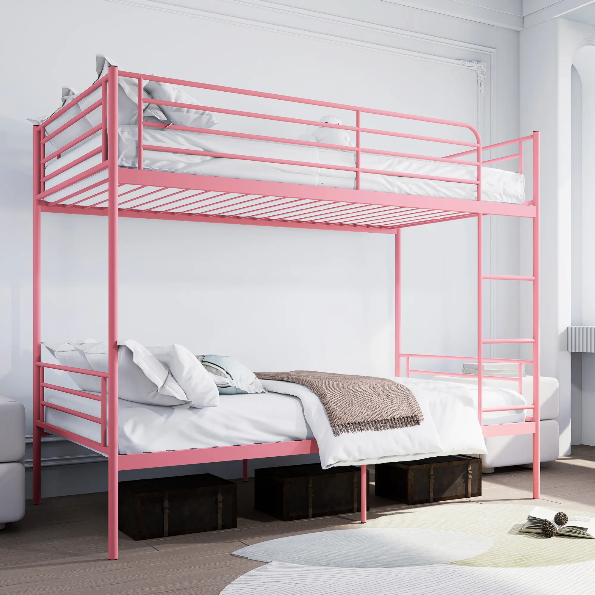 ARCH Twin Over Twin Metal Bunk Bed with Ladder and High Guardrail, Separates into 2 Twin Beds, Heavy Duty Steel Frame, No Box Spring Needed, Noise Free, Pink Finish for Kids Bedroom, Durable Slat Support, Twin Size Options, Pink Color Options