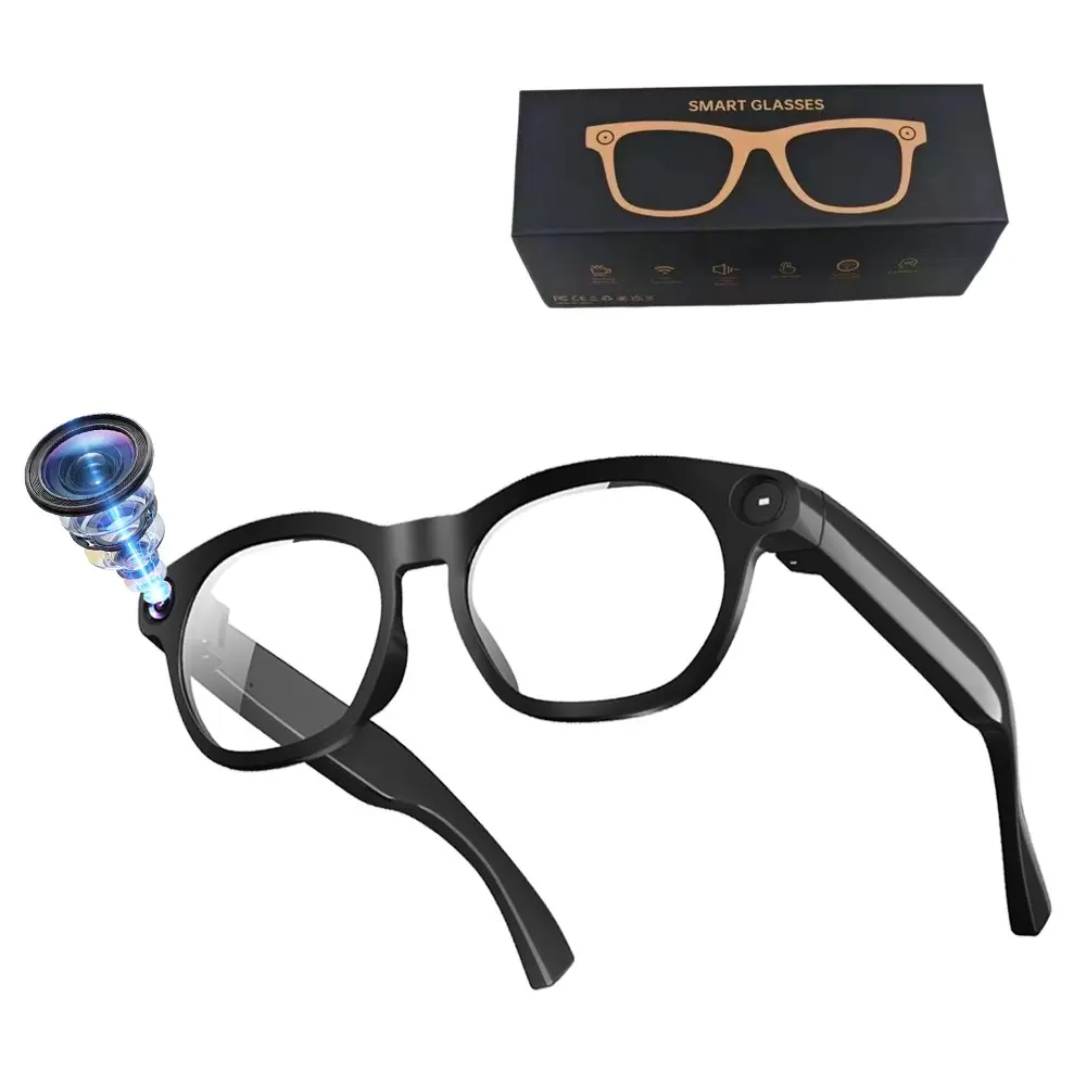 Bluetooth Smart Glasses for AI Translation, 8MP Camera, 4GB Memory Build-in,Hands-free Video Recording ,Build-in Mic & Speakers, Bluetooth Calling, WiFi Transfer, Type C Charging Support, 2 Lenses Total (Transparent +Black )