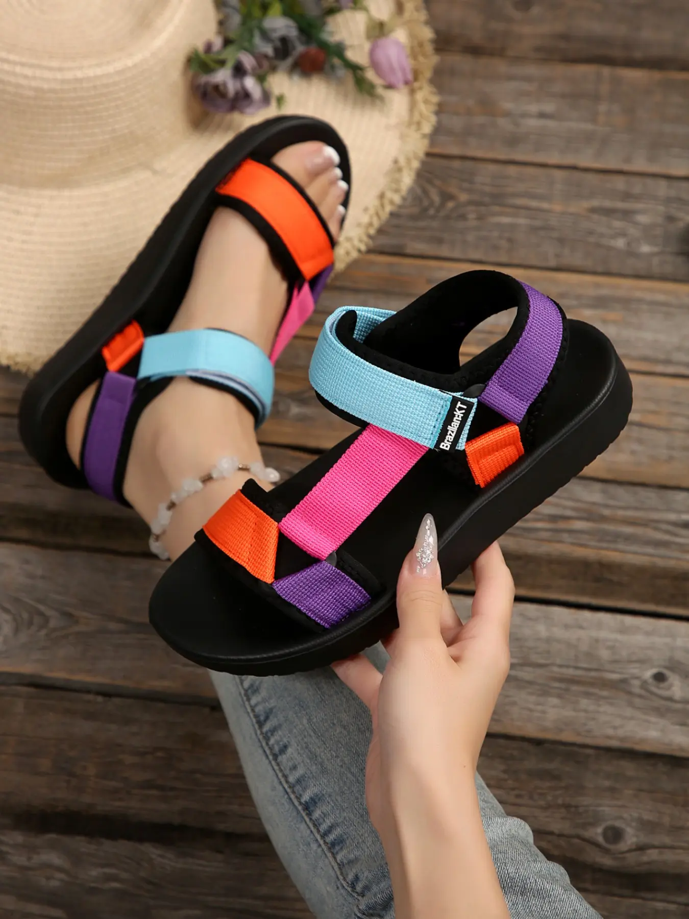 Women's Summer Rainbow Color Block Sporty Sandals, Adjustable Velcro Back, Thick Sole Anti-Slip, Casual Outdoor Beach Shoes Non Slip Sandals