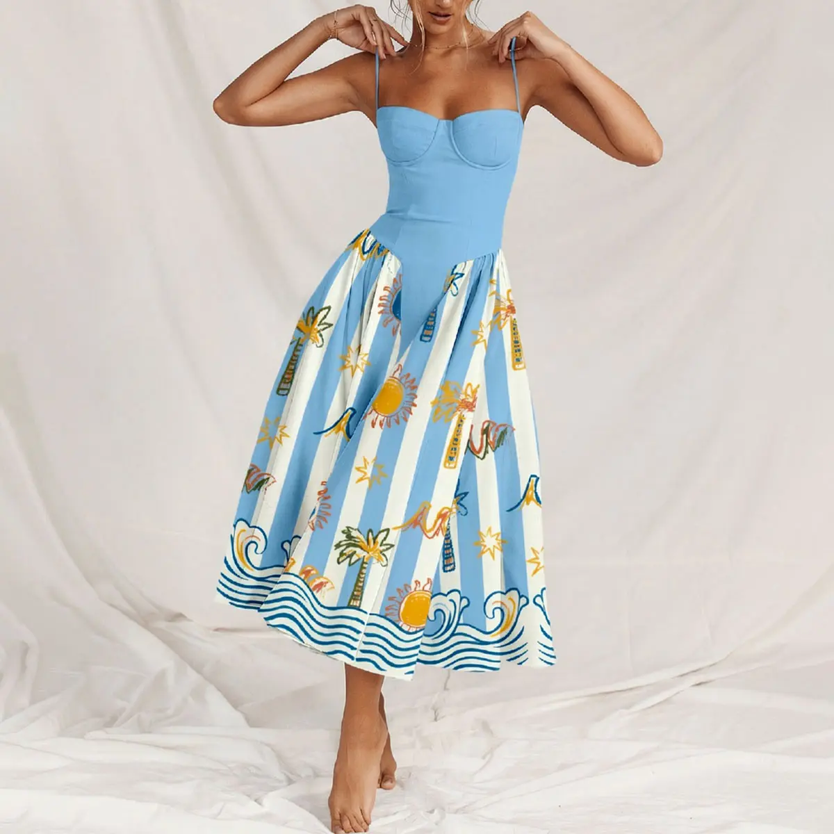 Women's Sweetheart Neck Corset Midi Dress, Spaghetti Strap Tropical Print Flared Skirt for Summer Beach