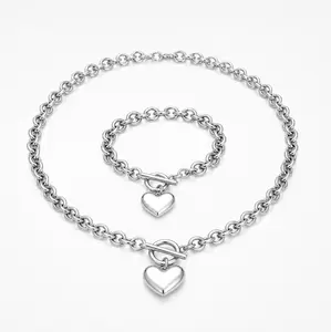 Stainless Steel Heart Toggle Chain Choker Necklace and Bracelet Set, Fashion Jewelry, Silver or Gold