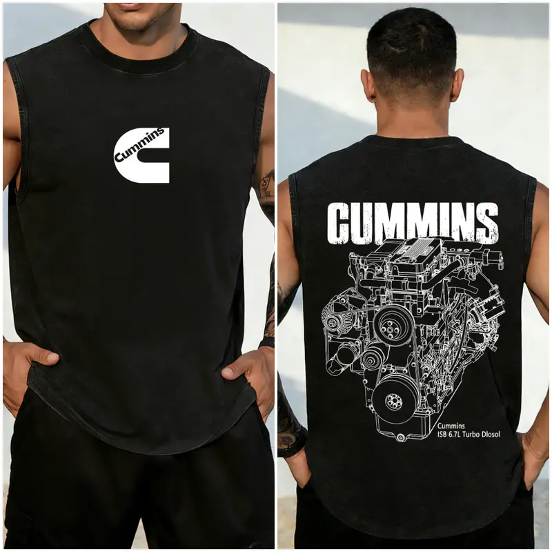This vintage-washed, sleeveless vest is designed for diesel engine enthusiasts, featuring a Cummins engine graphic and a bold, mechanical design, perfect for truck lovers and garage time.