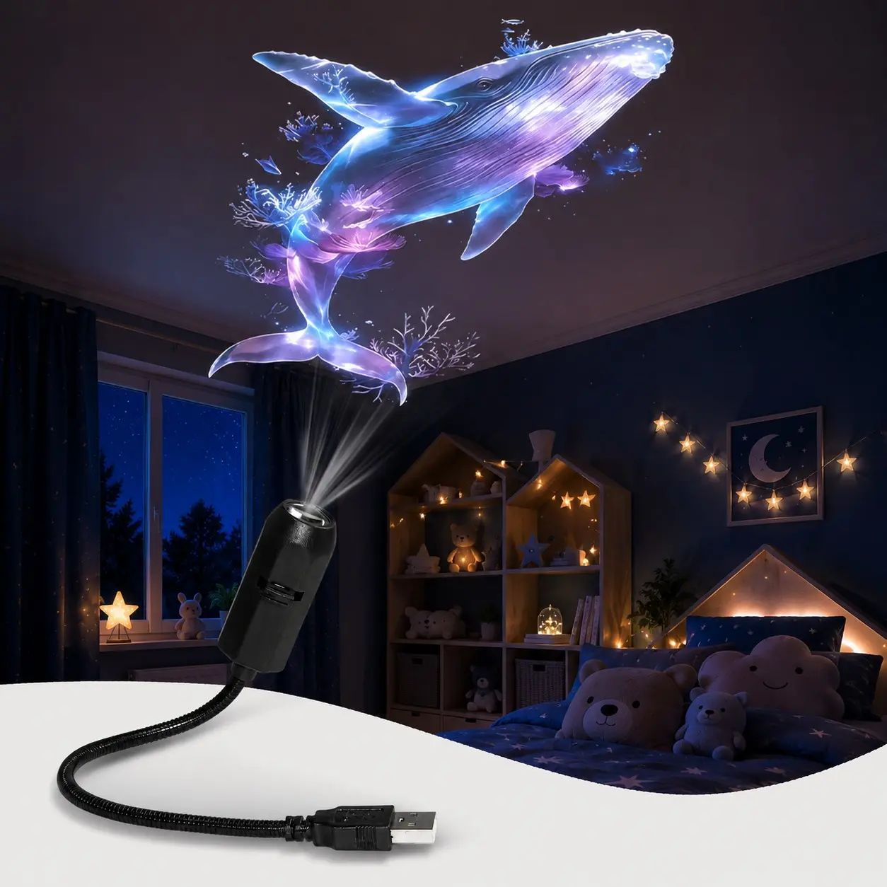 Mini USB LED Ocean Projector Lamp, Decorative Home Light with 6PCS Discs, Whale, Jellyfish, Butterfly and Starfish Atmosphere Lighting for Bedside, Holiday and Party Decor