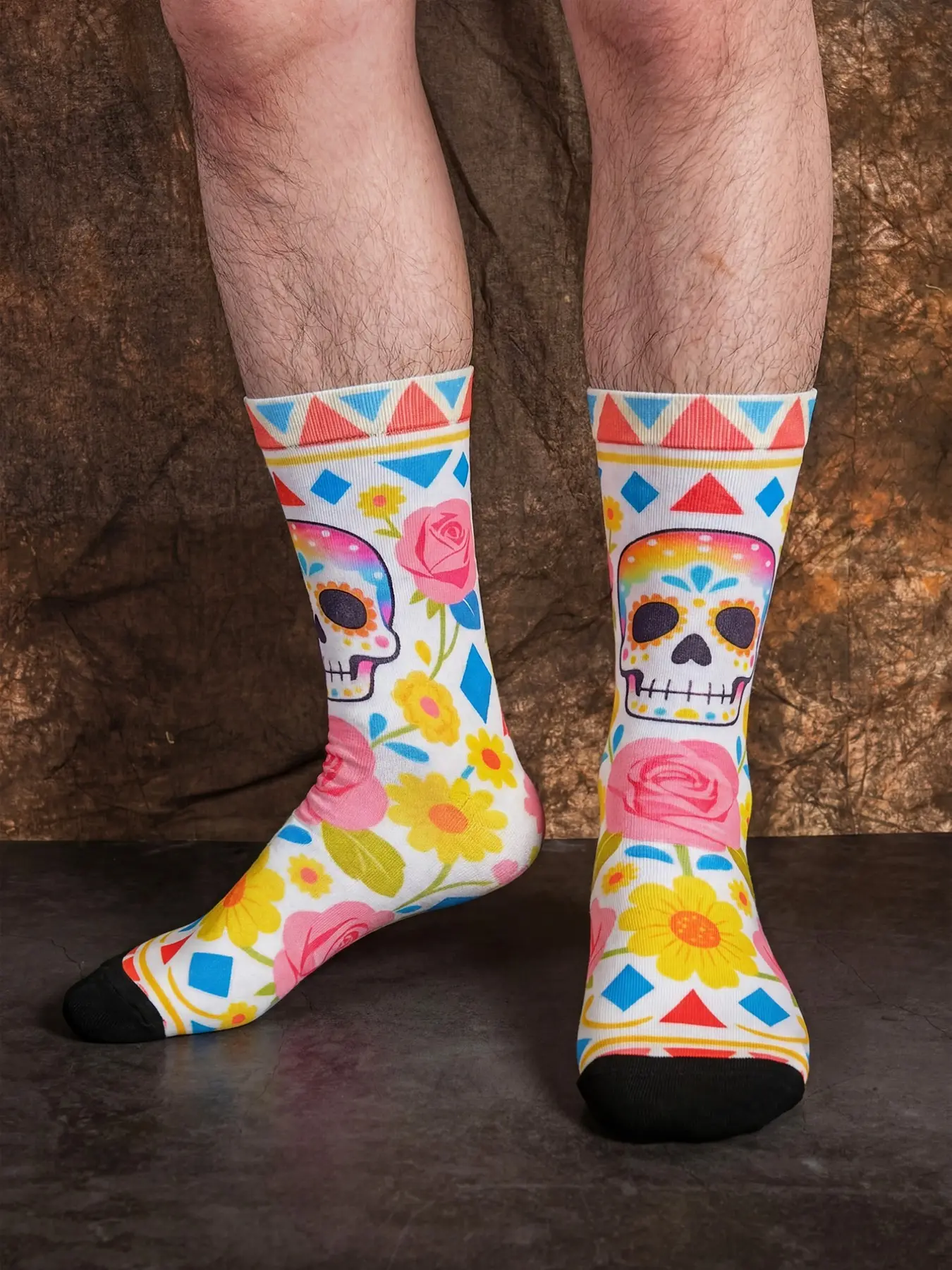 3 Pairs Mexican Day of the Dead Theme Fashion Crew Socks, Colorful Skull Floral Print, Rainbow Stripe Pattern, Unisex All-Season Wear, Polyester Socks