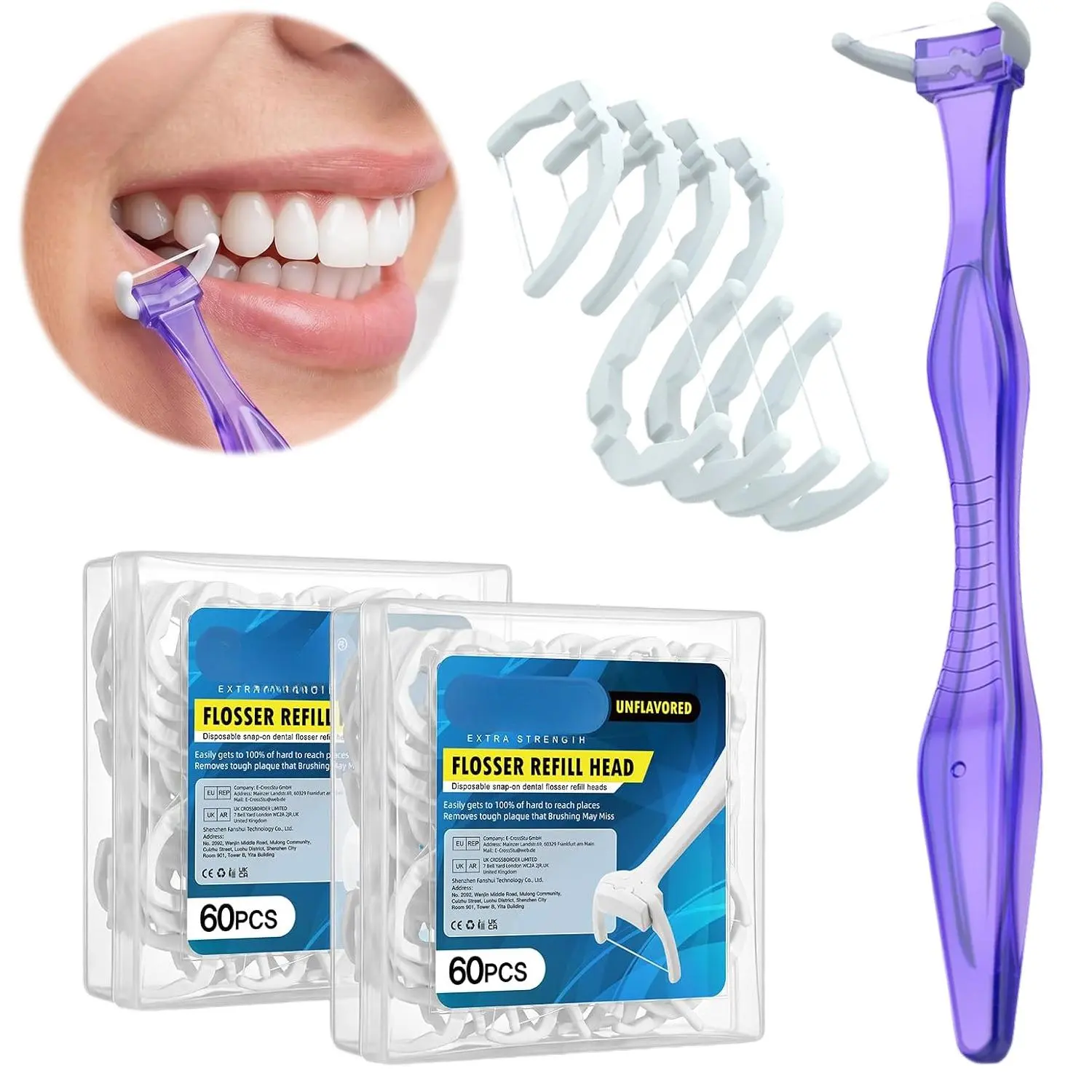 Long‑Reach Dental Flosser Starter Kit, Reusable Extended Handle Floss Pick with 120 Snap‑On Disposable Refill Heads, Shred‑Resistant Floss for Deep‑Cleaning Back Teeth