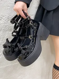 English Style Lace-Up Sneakers, Bowknot Design, Thick Sole Height Increase, College Wind, Pure Color, PU Leather, Outdoor School Activities, Platform Mary Janes