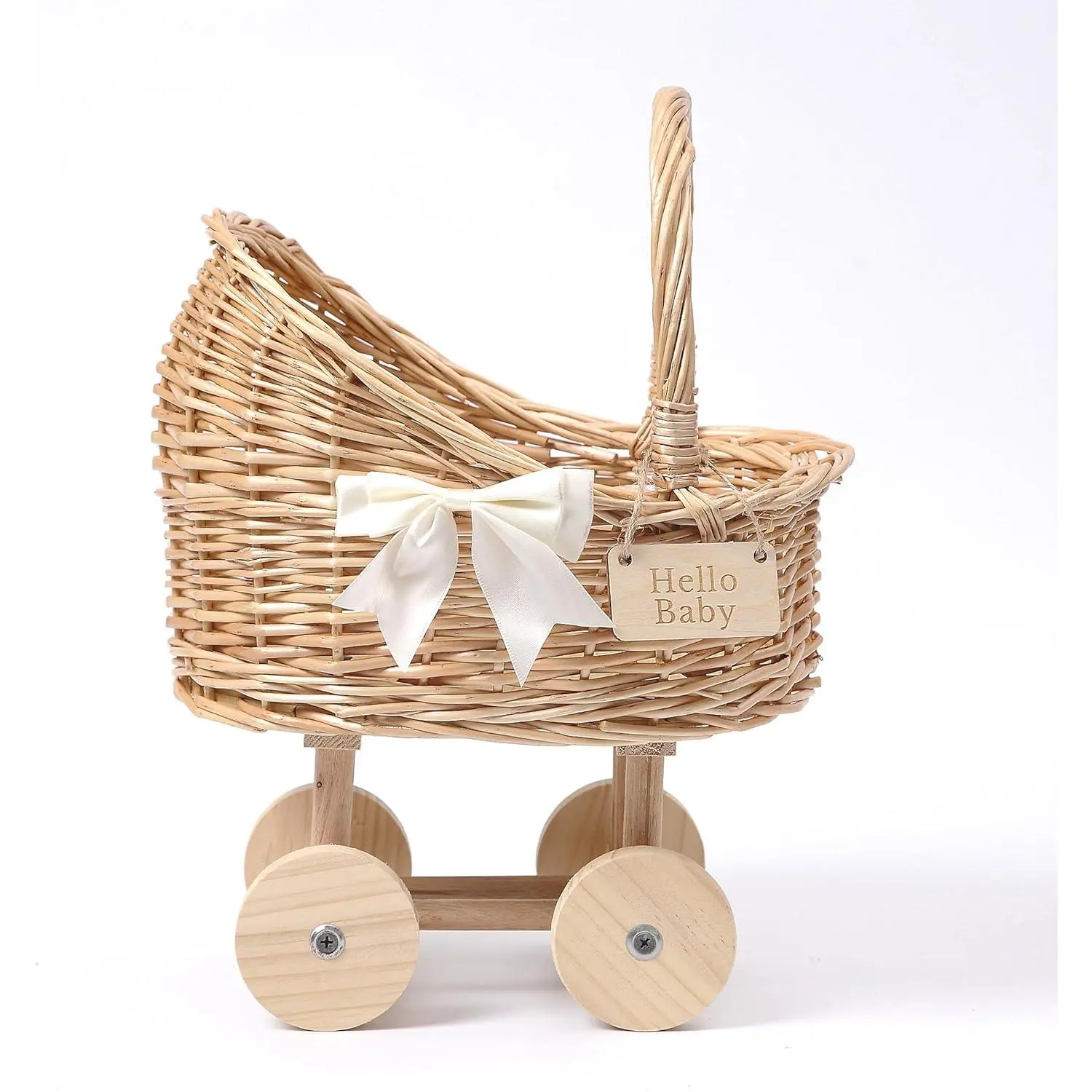 15.7 Inch Decorative Wicker Carriage-Shaped Basket for Baby Shower Centerpieces - Woven Rattan Flower Basket, Vintage Willow Planter for Table Decor, Boho Party Decoration & Photography Prop, Small