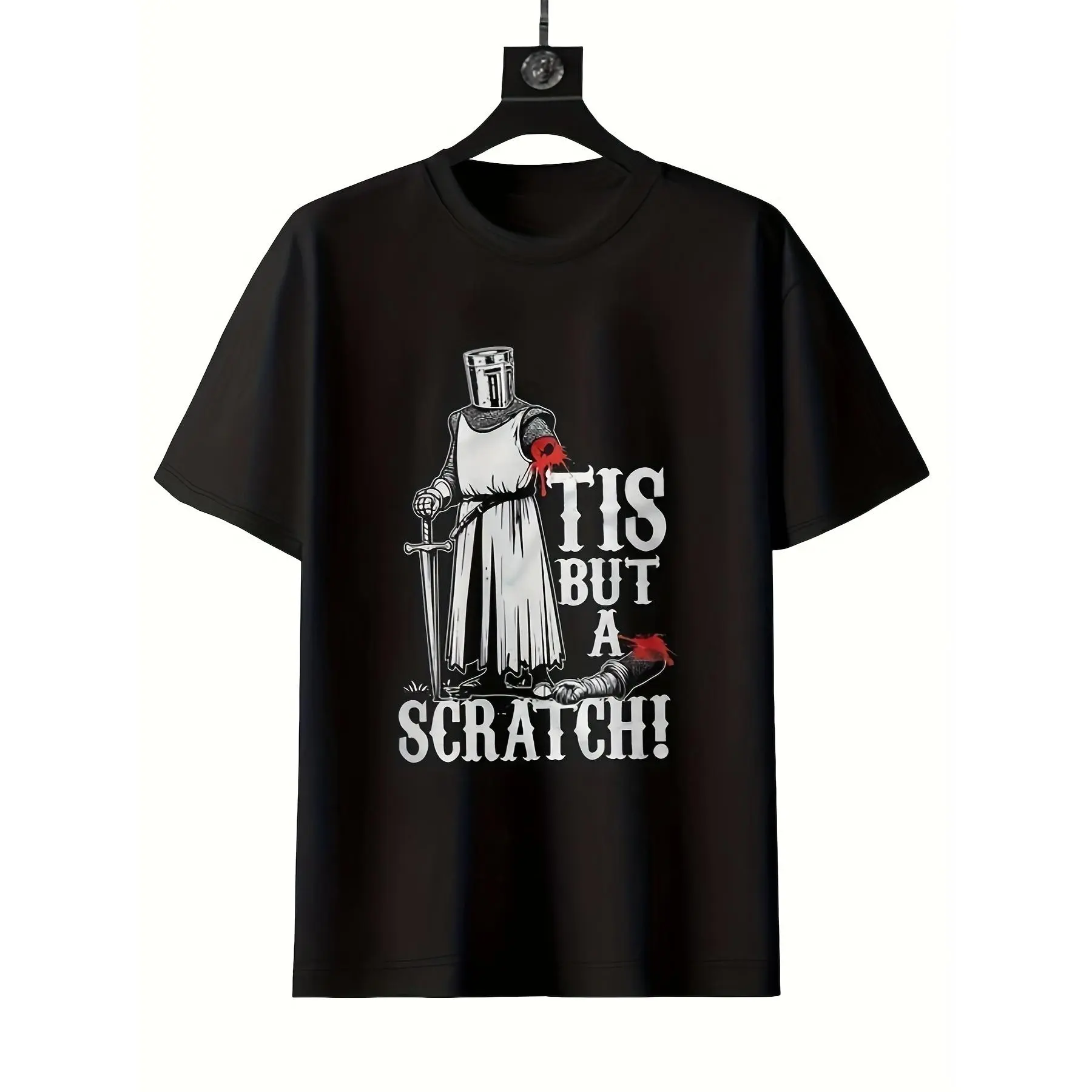 Men'S Medieval Knight T-Shirt with a Humorous 'It'S a Scratch' Design Inspired by Monty Python, Made from 200Gsm Heavyweight Fabric. This Black Crew Neck Shirt Is Perfect for Renaissance Fairs, Costume Parties, Casual Outings, Beach Activities