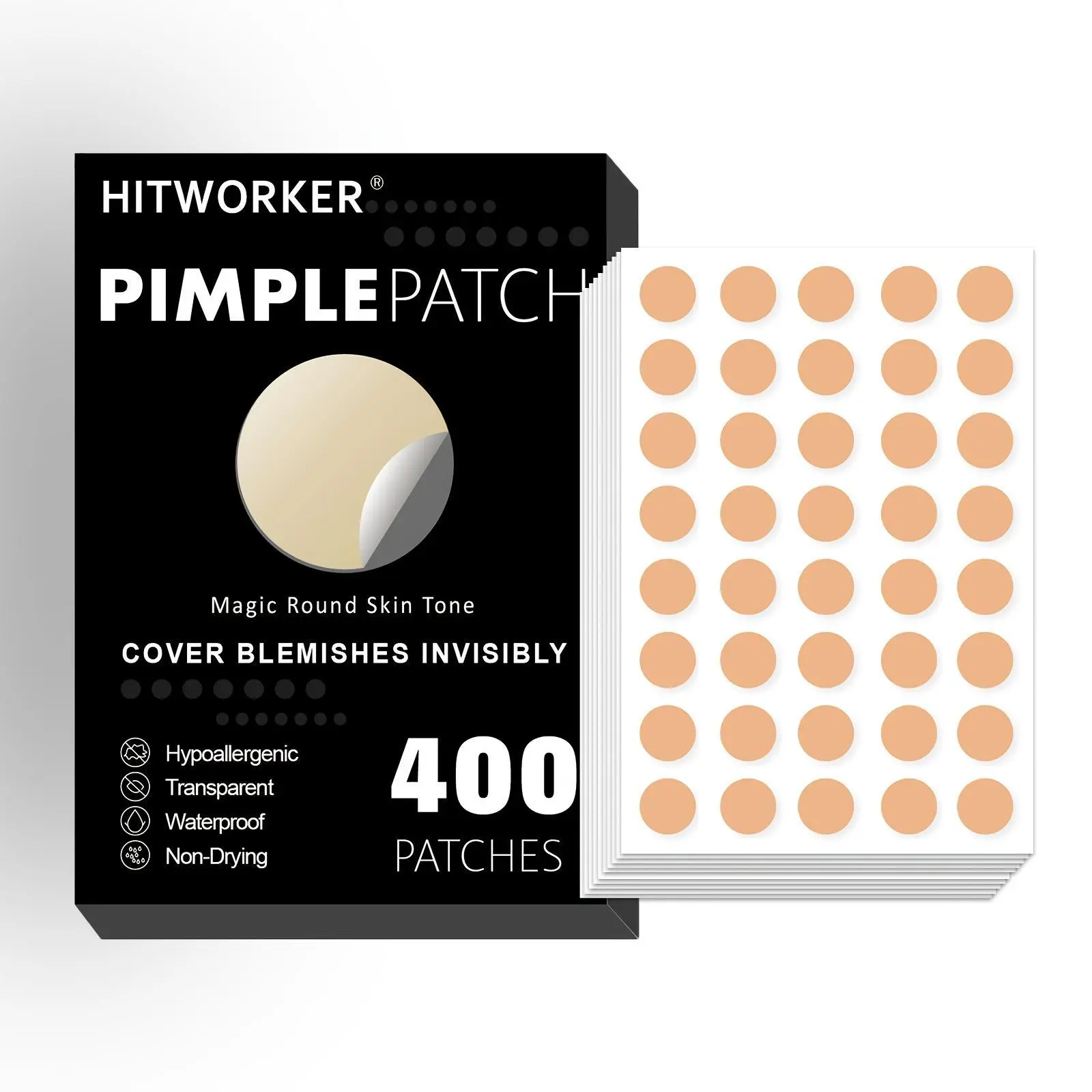 400pcs of HITWORKER Patches - Discreet Round Light Beige Covers for Blemishes, Non-Drying Spot Stickers Suitable for The Face & Light Beige Skin Tones, Fragrance-Free, Designed for All Light Beige Skin Types, Unisex Adult Skincare