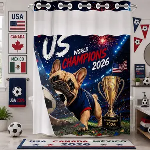 USA Soccer French Bulldog Hookless Shower Curtain with Snap-in Liner, Football Fan Champion Style Double Layer Bathroom Curtain, Waterproof Washable Shower Curtain with See Through Top Window, 71×74in