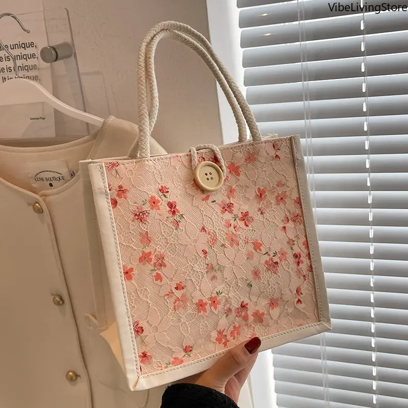 Women's Elegant Floral Print Lace Linen Mini Tote Bag - French Romantic Style Casual Top Handle Handbag with Button Snap Closure, Lightweight Reusable Bag for Casual Use, Work Commute, Gift Giving, Bags For Women, Linen Lace