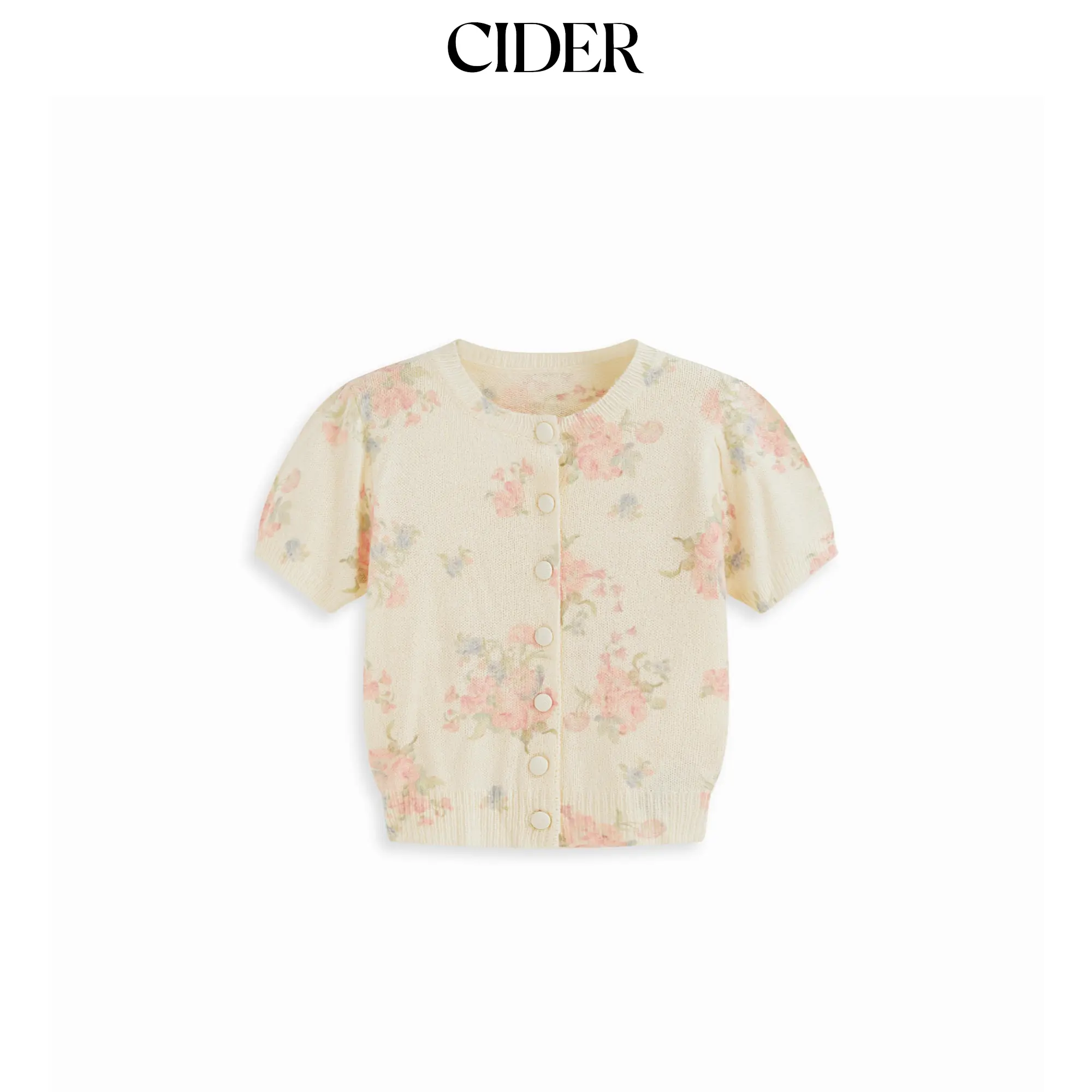 Cider Knit Wool-blend Floral Puff Sleeve Cardigan