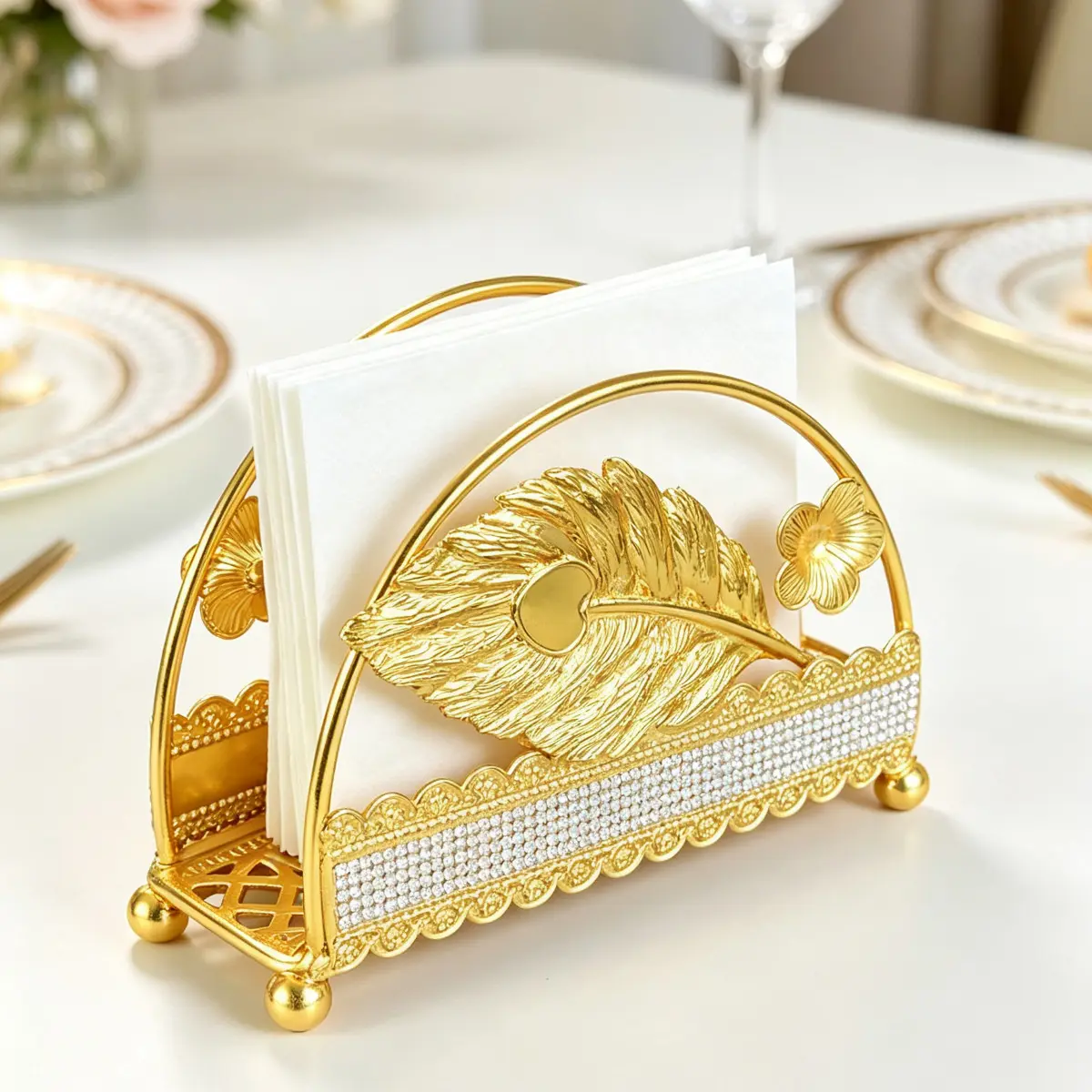 Luxury Gold Feather Napkin Holder, Desktop Metal Paper Towel Rack, Dual-Use Decorative Tabletop Decor, Elegant Luxurious Home Accessory, Modern Design, Dining Area