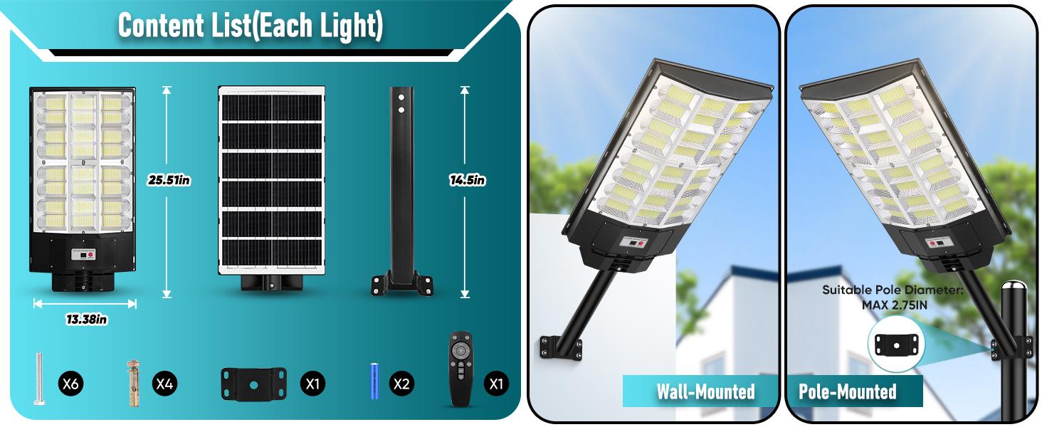 1/2/4 Packs Solar Street Lights Outdoor, Motion Sensor Solar Lights, 6500K LED Street Light Dusk to Dawn Waterproof, Commercial Parking Lot Lighting with Remote