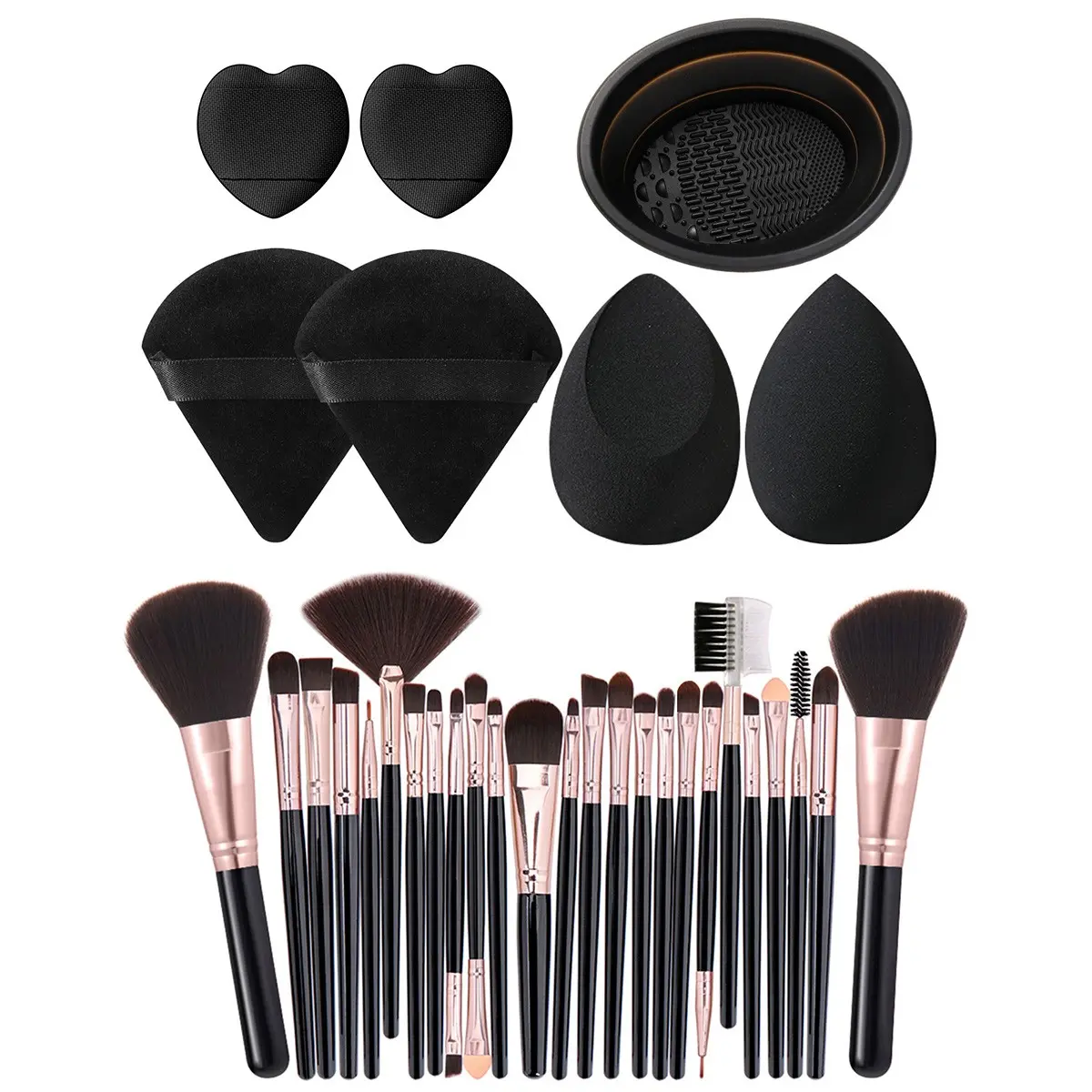 32-Piece Makeup Tool Set, 25 Handle Rose Gold Brushes, 7 Accessories, Triangle & Heart Puff, Silicone Bowl, Beginner Cosmetics Kit