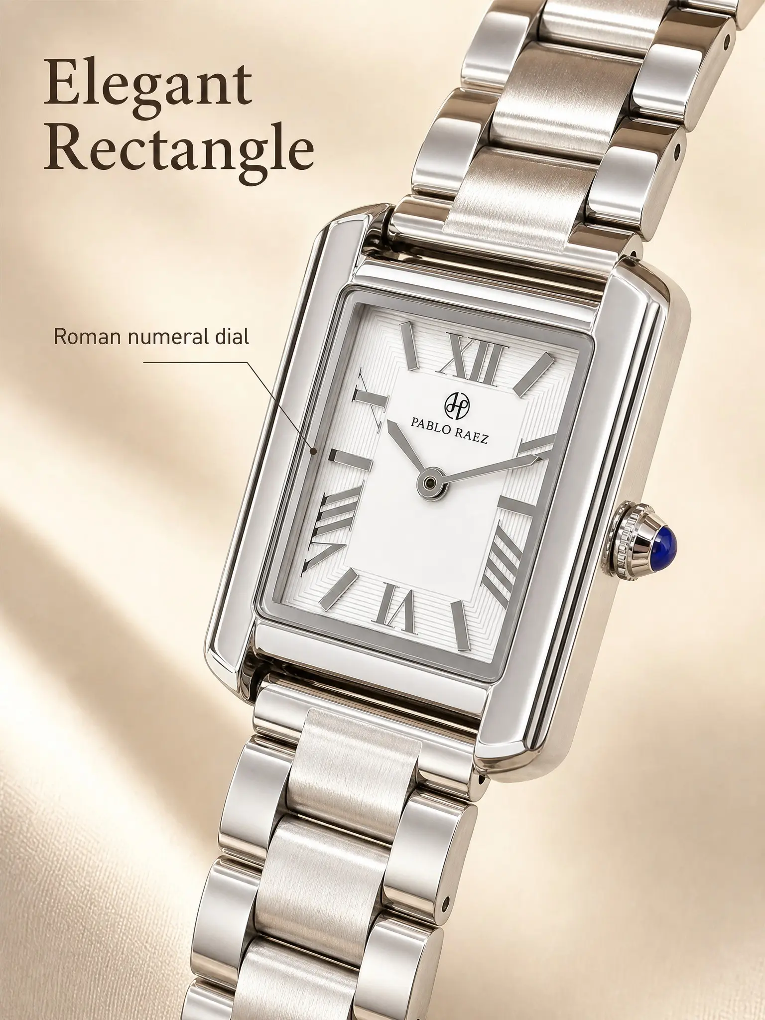 Women's Quartz Watch, Analog Face Watch, Elegant Rectangular Tank, Silver Color Stainless Steel Case, Roman Numerals, Blue Crown, 50m Waterproof, Gift Idea