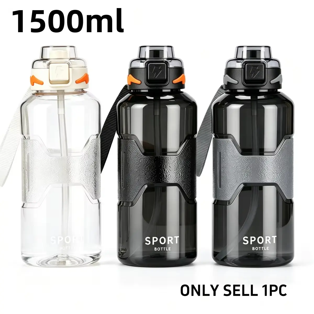 1500ML Large Capacity Sports Water Bottle with Straw, Portable Leak-Proof Design, Durable PC Material, Ideal for Fitness and Outdoor Activities