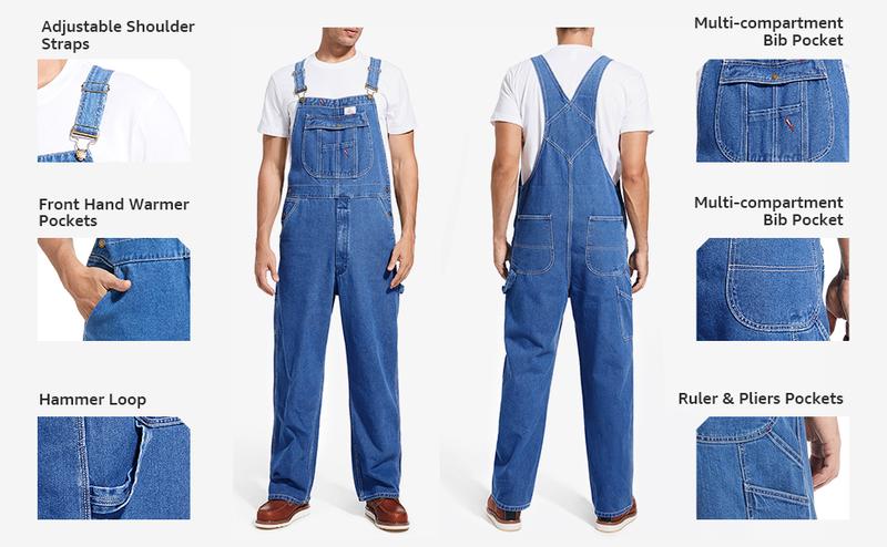 HISEA Men's Denim Bib Overall, Mens Relaxed Fit Overall Midweight Workwear with Adjustable Straps and Convenient Tool Pockets
