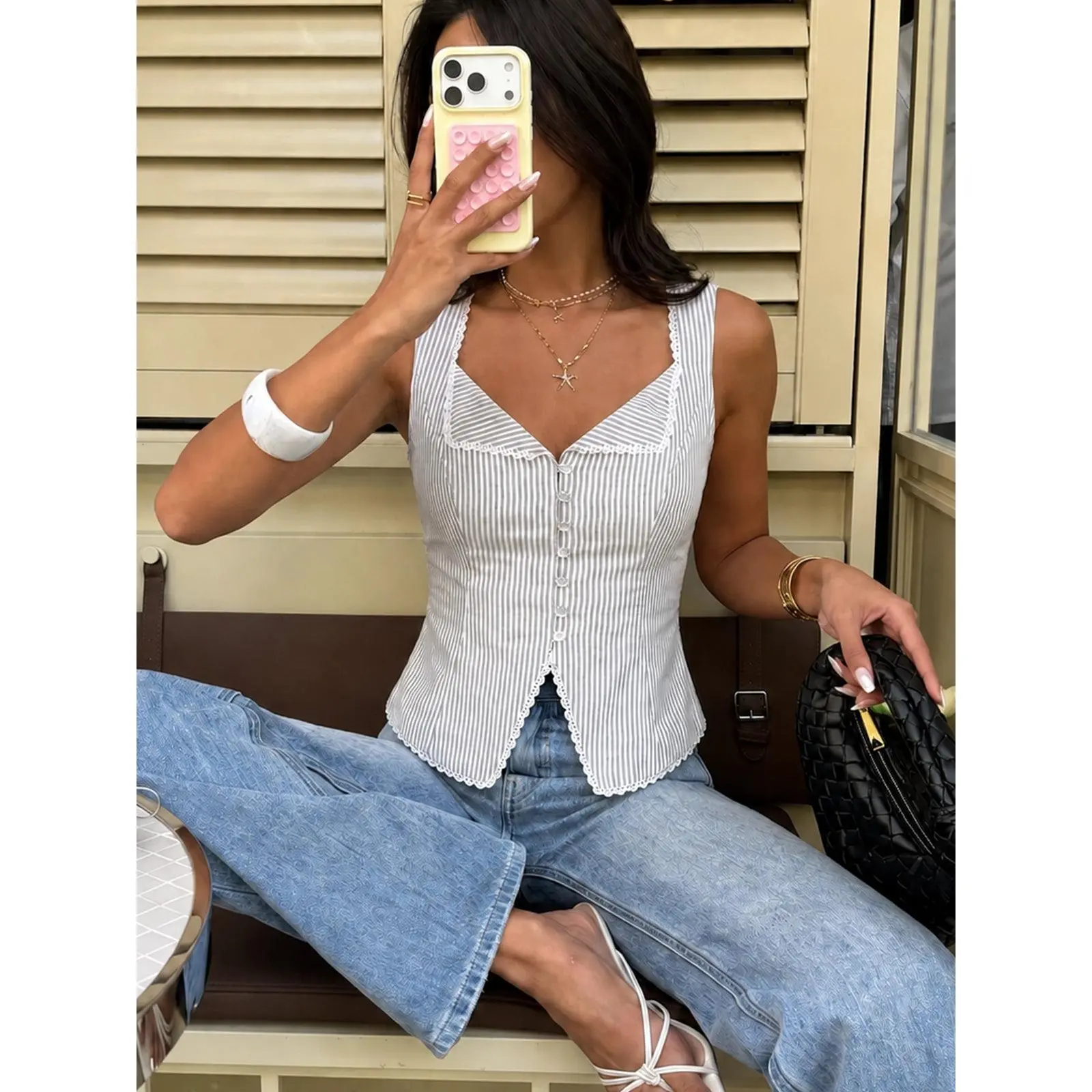 Striped Lace Trim Button-Front Tank Top
