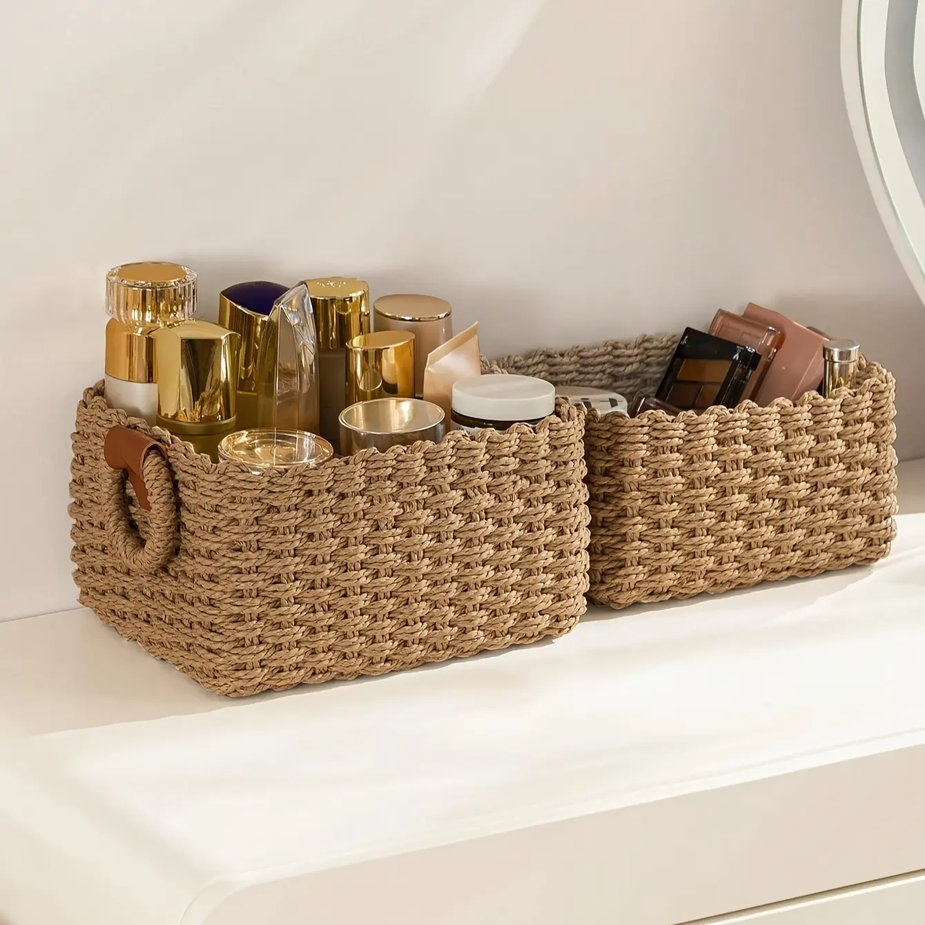 3 Woven Storage Baskets, Home Autumn Decoration, Baskets, Christmas Gift Baskets, Home Decoration and Storage Baskets, Paper Rope Storage Baskets with Handles, Small Woven Baskets for Organizing, Decorative Cute Gift Baskets, Shelf Baskets