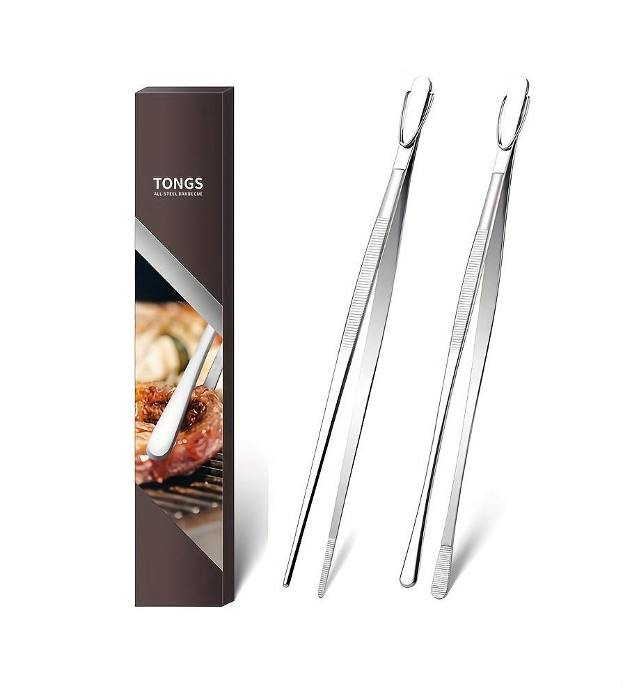 2pcs Extra-Long Stainless Steel Kitchen Tweezers - 12 Inch Fine Tongs for Cooking, Baking, BBQ, Pet Feeding & Food Preparation - Durable, Easy to Clean, Ideal for Home & Professional Kitchens, Kitchen Tongs, Baking Essentials, Sleek Metallic Finish, Easyc
