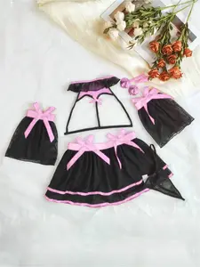 Women's Sexy Sleepwear Set, Lace Trim Vacuum Mesh Design, Netting and Ruched Detail, Party Wear, Valentine's Gift, Elegant Nightwear