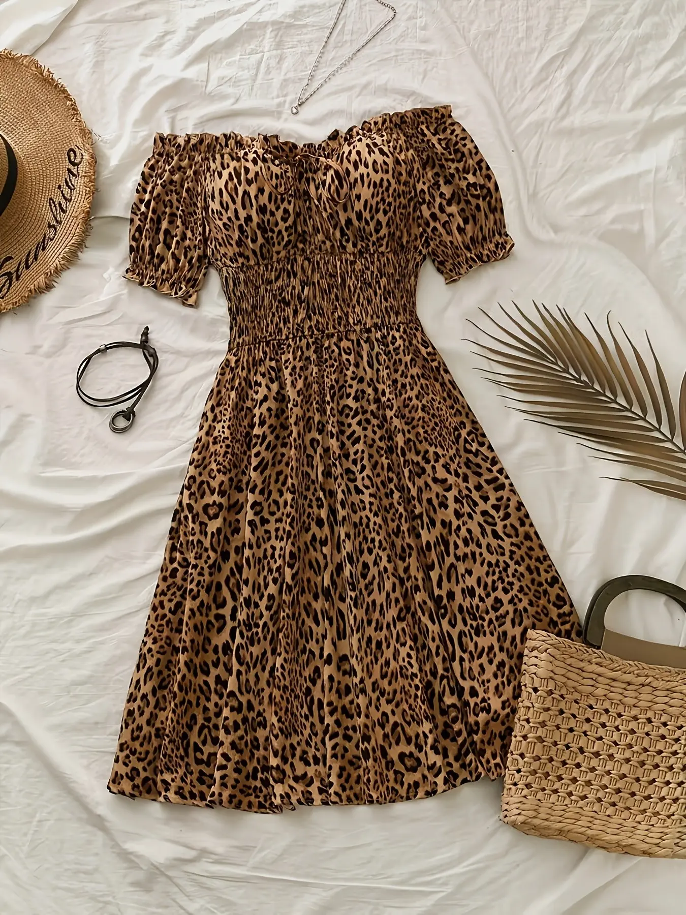 Plus Size Leopard Print Strapless Dress, Elastic Waist Design, Floral Pattern, One-Shoulder Style, Chic, Women's Summer Dresses