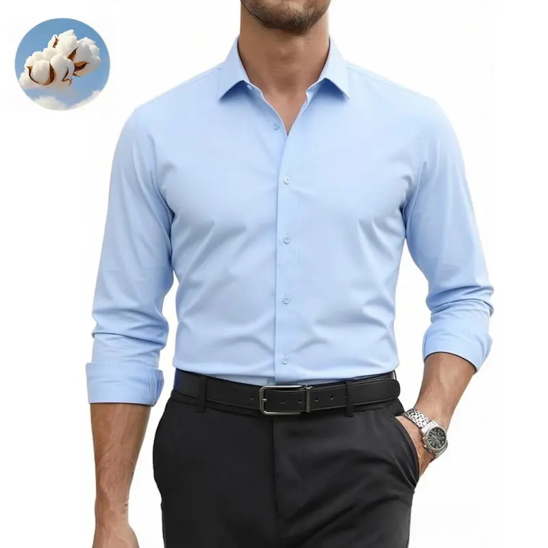 Men's Light Blue Cotton Blend Dress Shirt, Long Sleeve Wrinkle Resistant Point Collar Regular Fit Button Up Shirt for Business Casual Office Wedding Daily Outfits