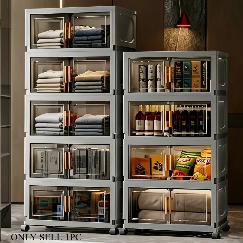3/4/5/6 layer portable non installation office storage cabinet with lid, stackable storage box with handle, door with wheels, foldable plastic storage box, suitable for home, dormitory, living room, kitchen, bathroom, office, black