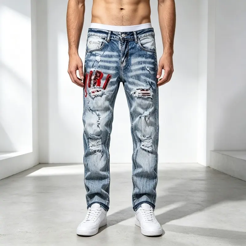 Men Light Washed Distressed Straight Leg Jeans, Ripped Destroyed Denim Pants With Red Graphic Patch, Vintage Faded Striped Streetwear Casual Daily Bottoms