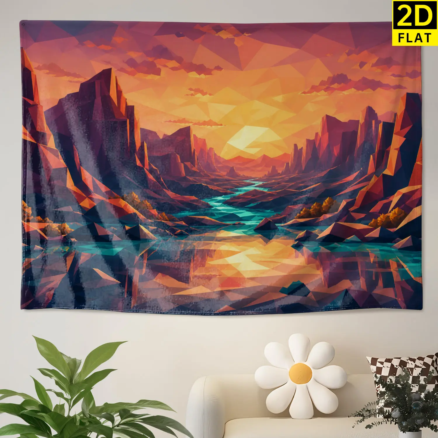 Geometric Sunset Mountain River Polyester Wall Tapestry - Large Horizontal Printed Wall Hanging, Colorfast Home Decor Artwork, No-Installation Room Decor Gift Idea for Living Room Bedroom