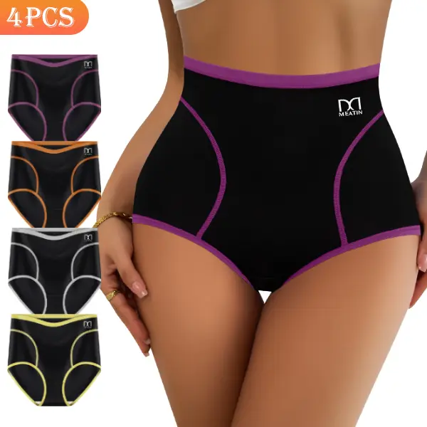 QUASTI Womenswear 4Pcs Women's High-Waist Color Trim Briefs, High-Elastic Breathable Tummy Control Daily Underwear (S-XXL)