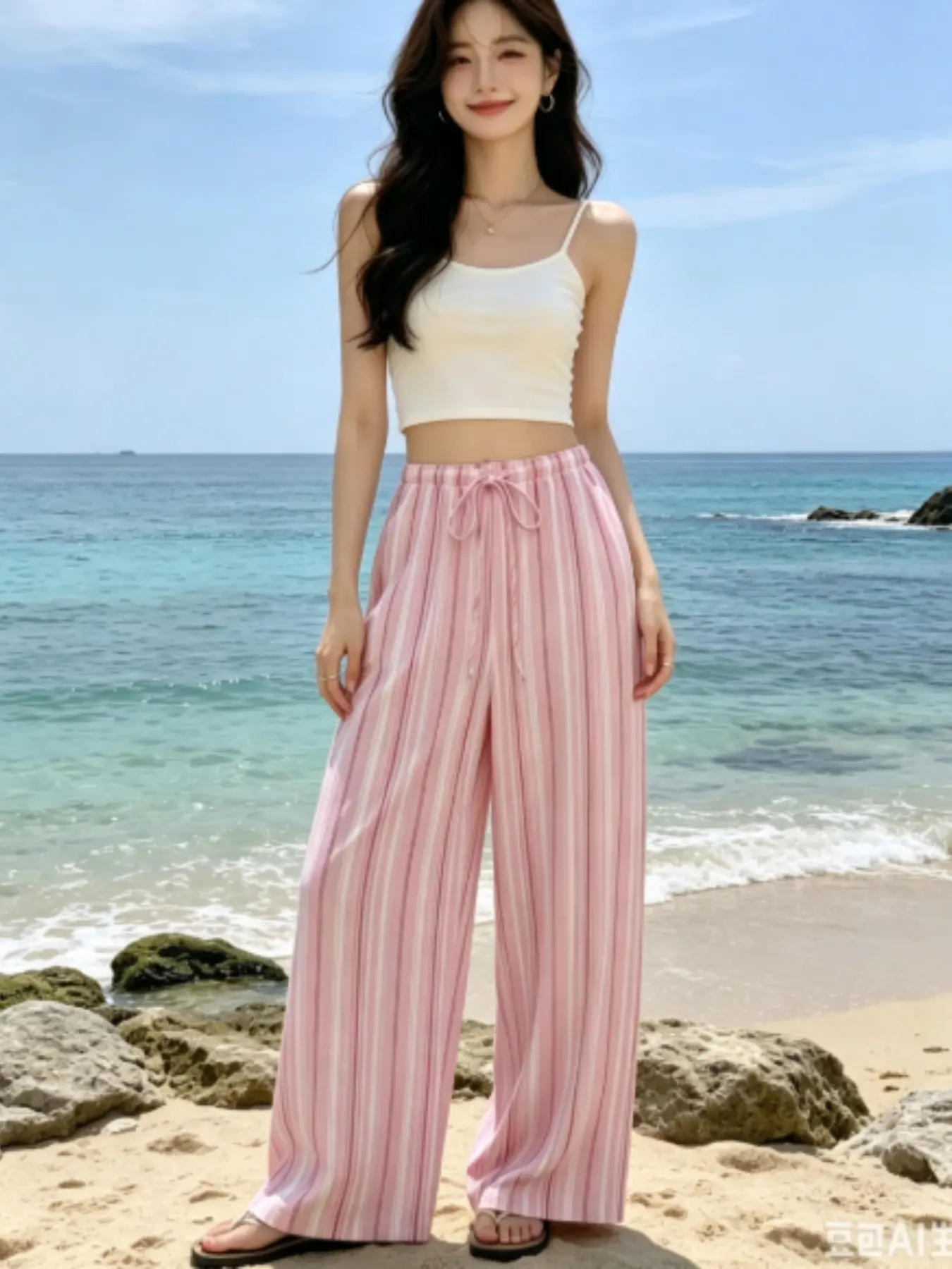 Fashionable Striped Women's Long Pants, Straight Leg Elastic Waist Drawstring, Breathable Polyester, Ideal for Daily Wear, Bottom