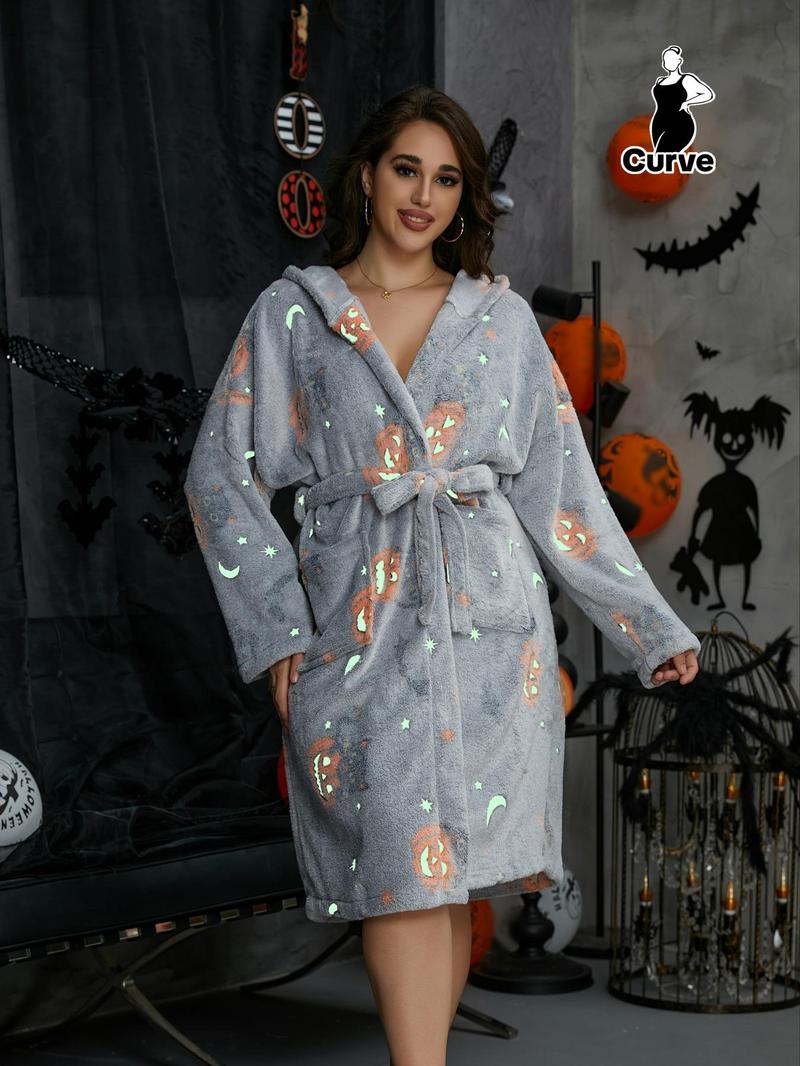 【Plus Size】 Halloween Themed Cartoon Pumpkin Print Glow In The Dark Belted Hooded Lounge Robe, Casual Long Sleeve Pocket Design Dressing Gown, Women's Fluffy Pajamas for Fall & Winter
