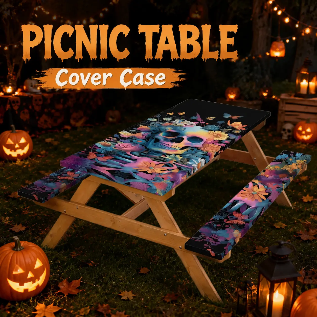 72×30 Inch 3-Piece Halloween Skull Floral Picnic Table & Bench Cover Set, Stretchable Elastic Rainbow Skeleton Flower Butterfly Print, Waterproof Dustproof Protector for Camping Activities, Courtyard Decorations