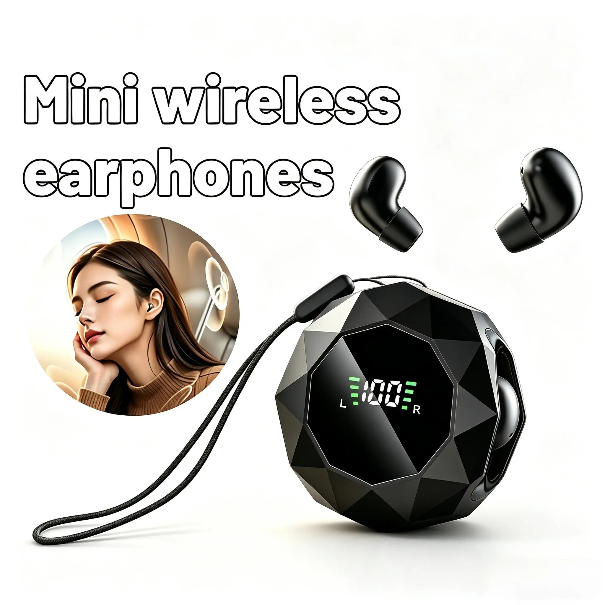 Invisible Earbuds, Mini Ultra-Light Bluetooth Earbuds with Anti-Fall Lanyard, Comfortable for Small Ears & Side Sleepers