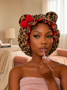 Leopard Print Satin Sleep Cap with Cute Bow and Bear Ears, Soft Velvet Hair Hat for Nighttime Hair Protection, Smooth and Healthy Hair Overnight, Bonnets for Sleeping