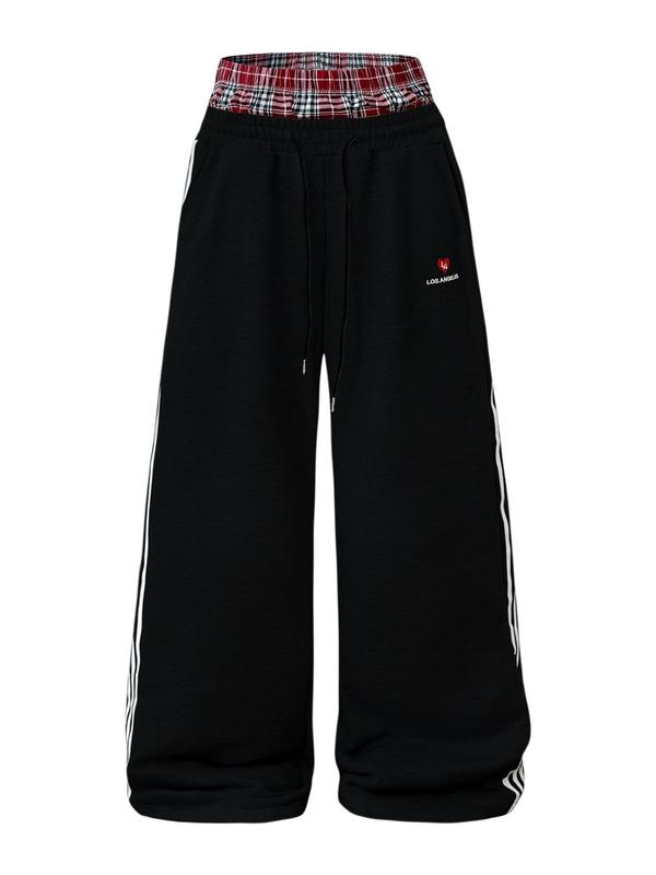 Men's Baggy Sweatpants High Waisted with Plaid Waistband, Trendy Wide Leg Lounge Pants, Casual Streetwear Joggers with Side Stripes