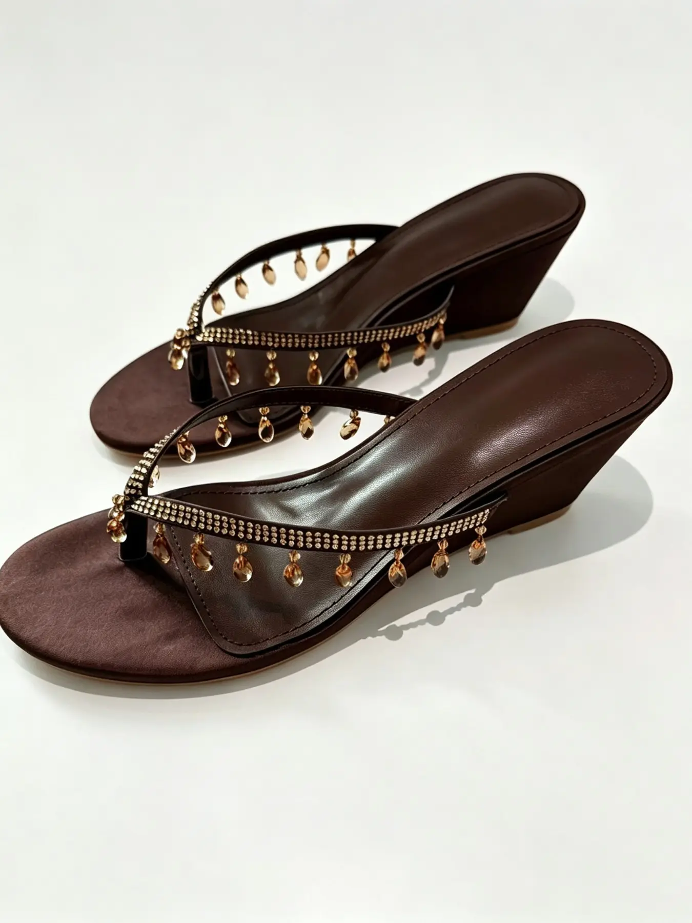 Women's「6CM (2.4") Wedge」 Brown Wedge Flip Flops Rhinestone Crystal Drop Thong Sandals Summer Slip On Heels