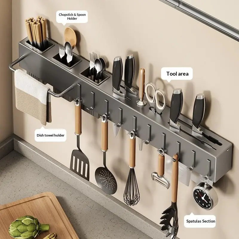 Punch-Free Wall Mount Kitchen Organizer, Integrated Knife Chopstick Utensil Holder, Multifunctional Cutlery Storage Rack for Home Kitchen