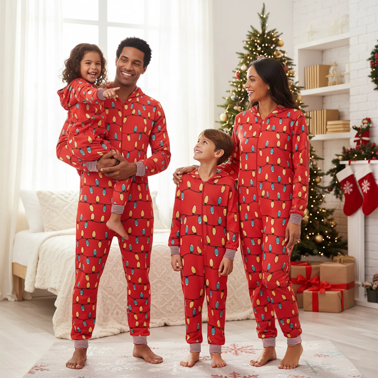 Family Christmas Matching Jumpsuit Pajamas - Fairy Light Printed, Front Zipper, Long Pants, All Seasons Family Sleepwear Set
