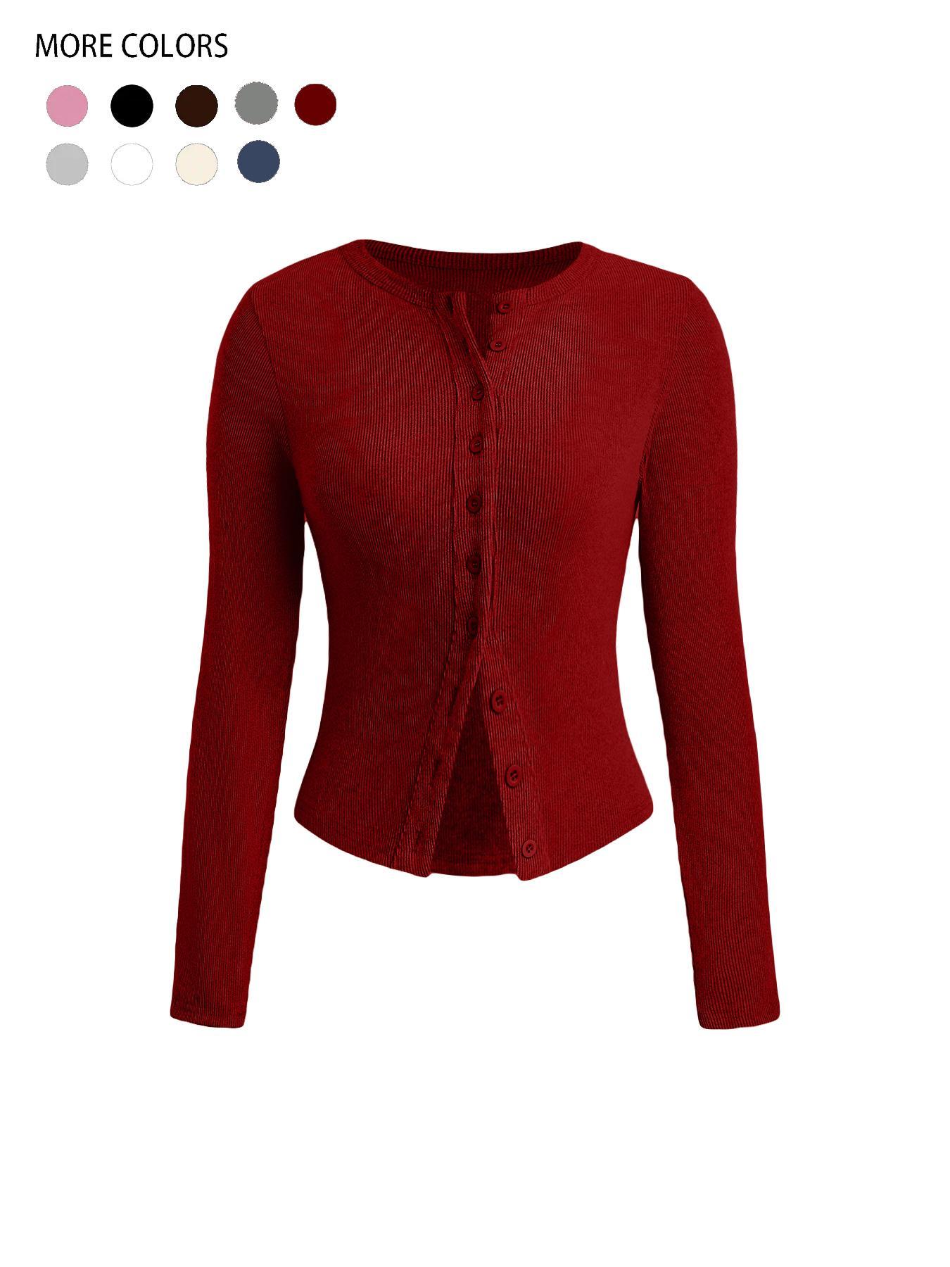 Women's Plain Basic Button Front Ribbed Tee, Casual Long Sleeve Round Neck T-Shirt for Spring & Fall, Women's Top for Daily Wear