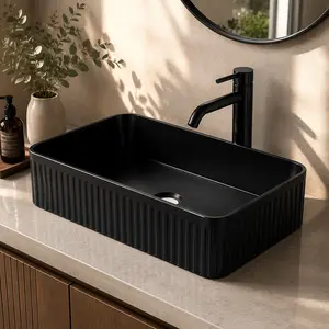 ARCH Glossy Black Ceramic Countertop Vessel Sink, 13.79x19.70x5.12 in Rectangular Above Counter Basin, Modern Bathroom Vanity Single Bowl Lavatory, Stain-Resistant, Heat-Resistant, Easy-Clean Non-Porous Surface, Home, Indoor